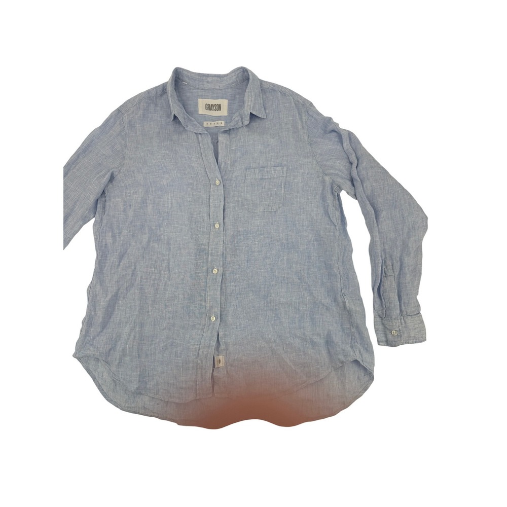 Frank & Eileen Grayson Linen The Hero Button Down Shirt Womens‎ 04 Blue Long